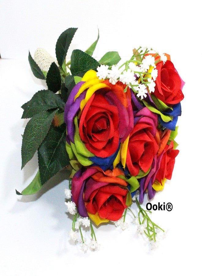 Ooki Custom Handmade Artificial Silk Rainbow Rose Toss Bouquet Bridesmaid Flower Bush Arrangement Home Decor Wedding Party Celebration Centerpiece Twine - Image 4